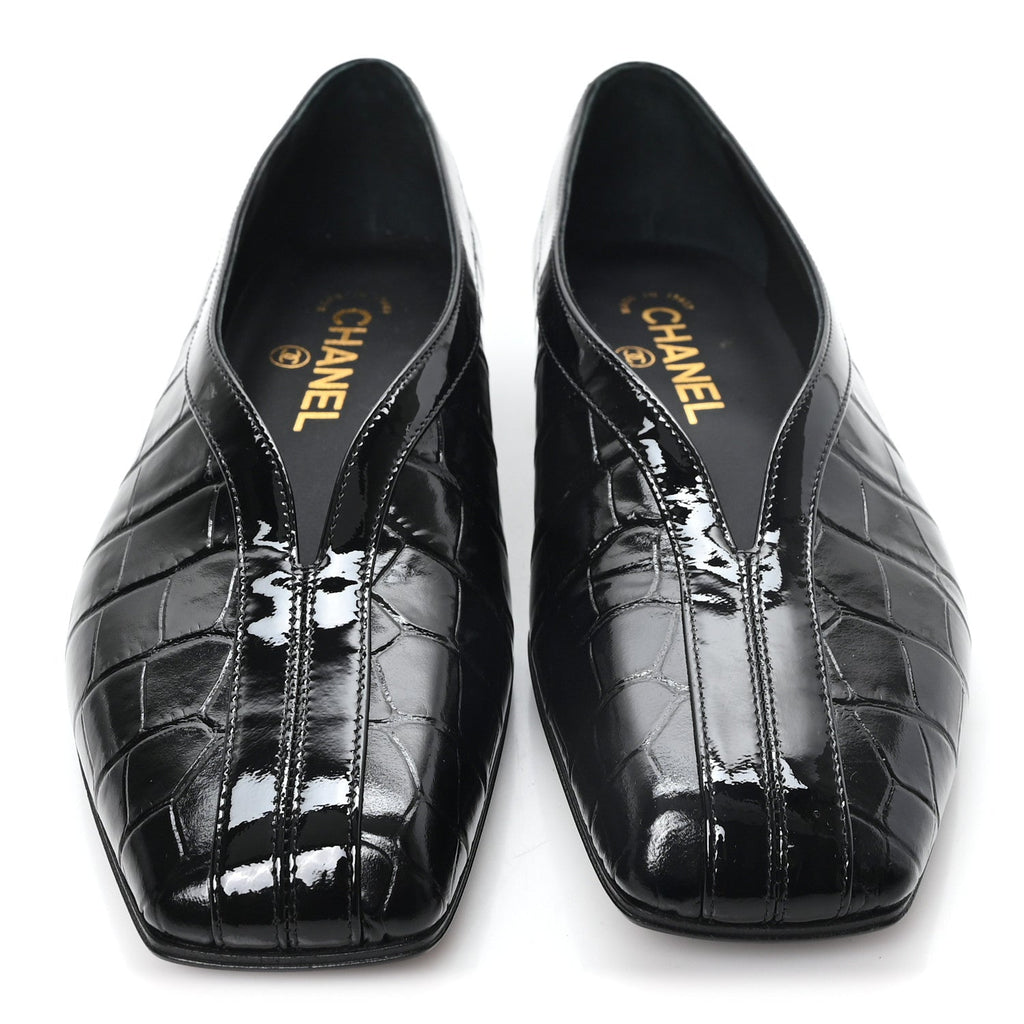 Crocodile Embossed Patent Calfskin Ballet Flats 36.5 Black