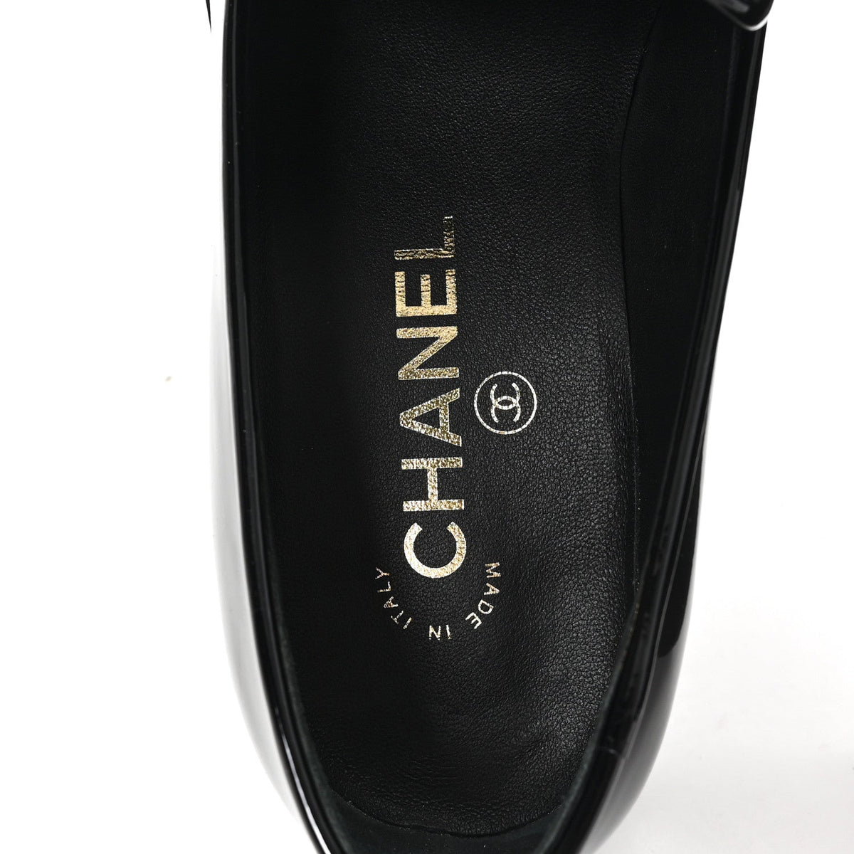 Patent Calfskin Metal CC Mocassin Loafers 38.5 Black