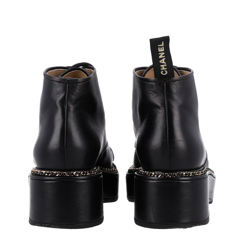 Calfskin Grosgrain Chain Lace Up CC Short Boots 41 Black