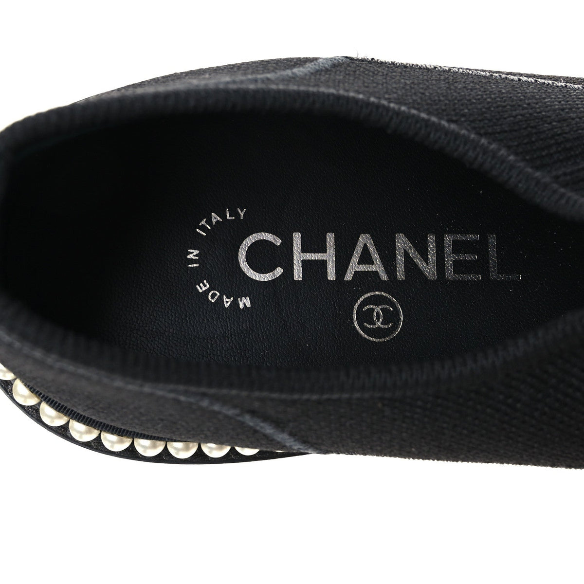 Stretch Fabric Grosgrain Pearl Cap Toe CC Moccasin Loafers 35.5 Black