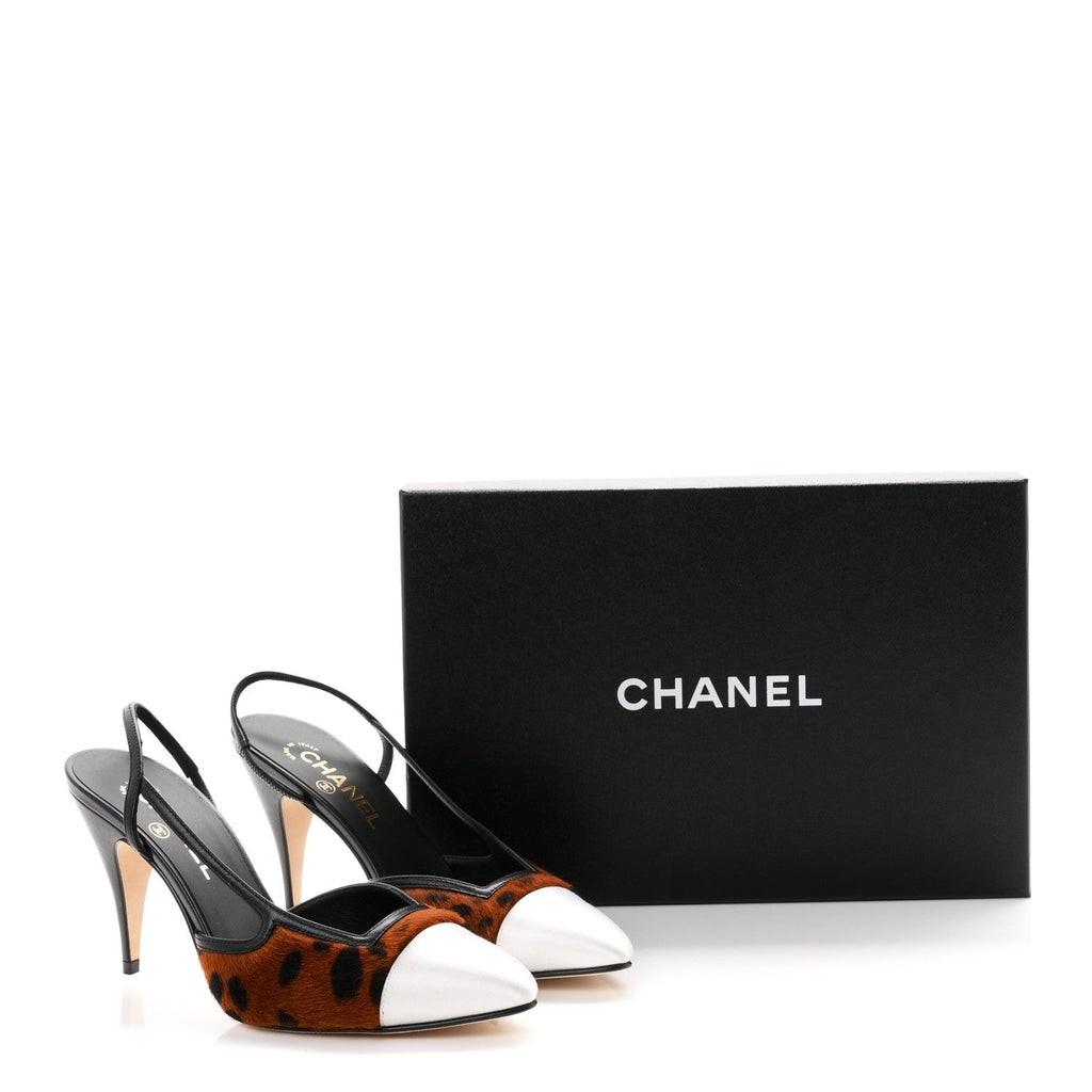 Lambskin Mixed Fibers Cap Toe CC Slingback Pumps 38 White Brown Black