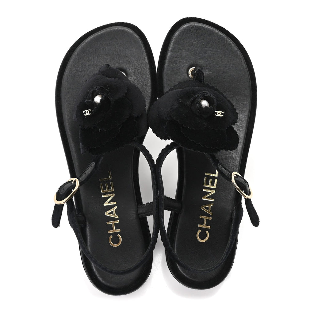 Velvet Pearl Camellia Thong Sandals 37.5 Black