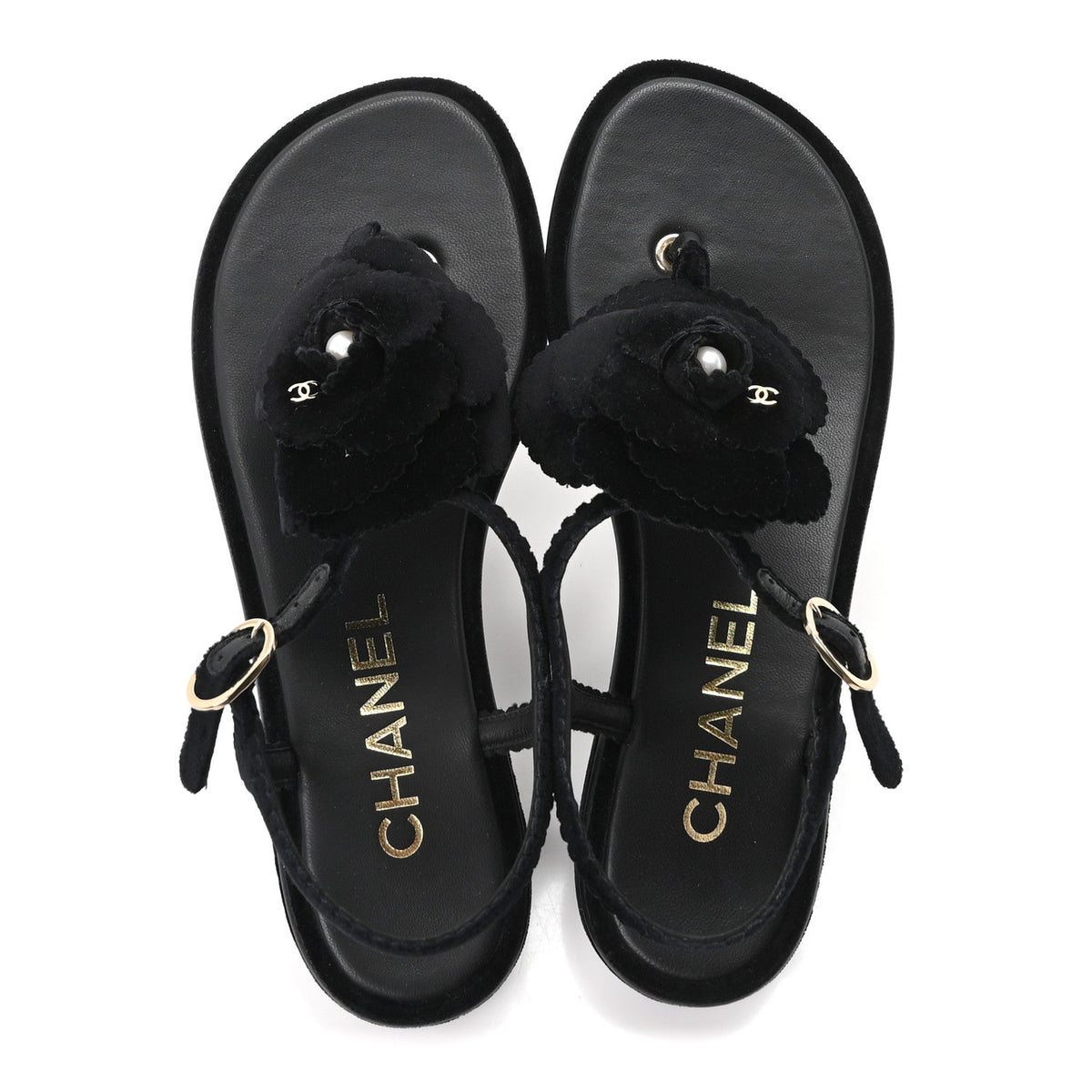 Velvet Pearl Camellia Thong Sandals 37.5 Black