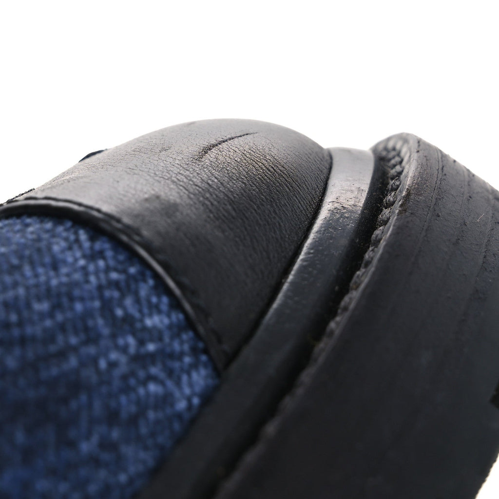 Shiny Calfskin Velvet Quilted Lace Up Combat Boots 39.5 Blue Black