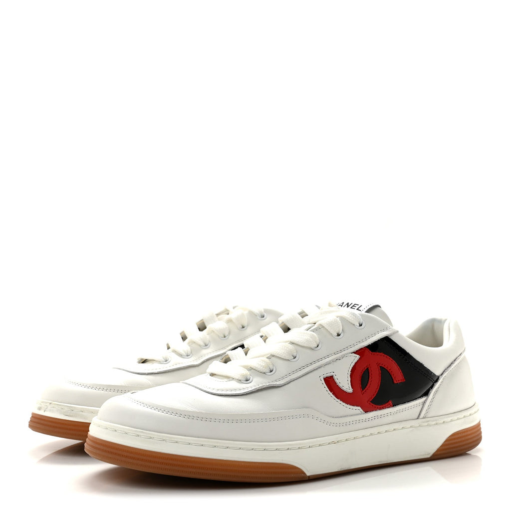 Calfskin Patent Womens CC Sneakers 40.5 White Black Red