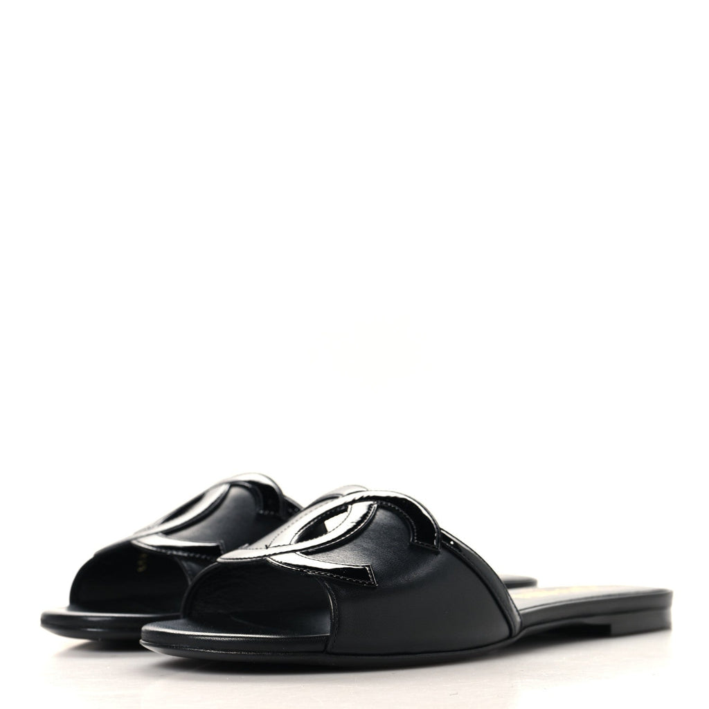 Lambskin Patent Calfskin CC Cutout Mules 38 Black