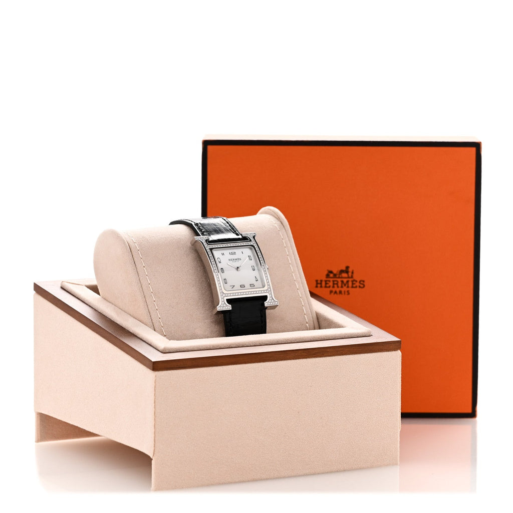 Stainless Steel Alligator Diamond Bezel Mother of Pearl 26mm Heure H Hour Quartz Watch Noir