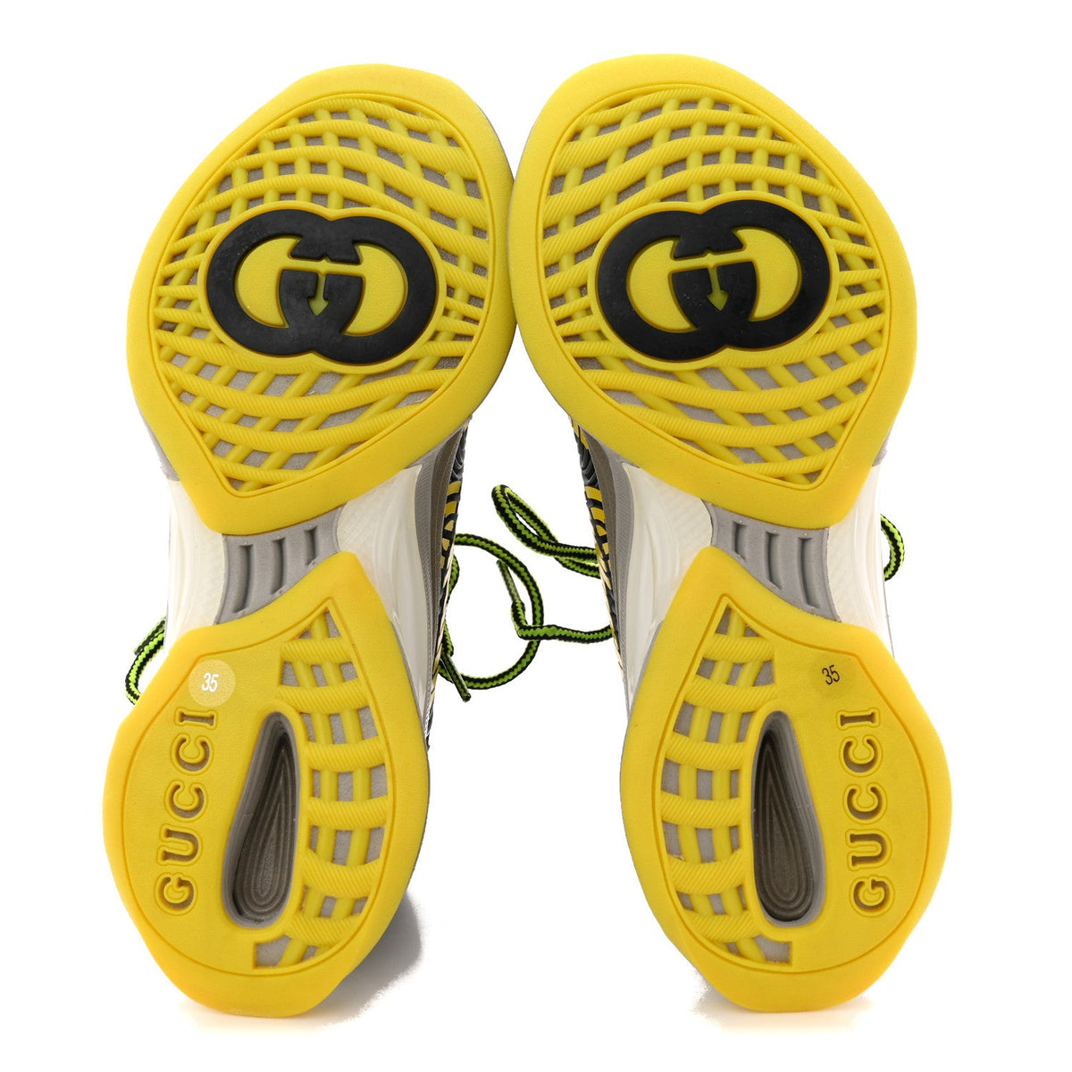 Technical Knit Fabric Waves Womens Gucci Run Sneakers 35 Black Silver Giallo Neon Yellow