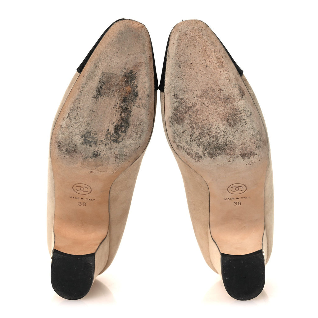Suede Satin Cap Toe Low Heel Pumps 36 Beige Black