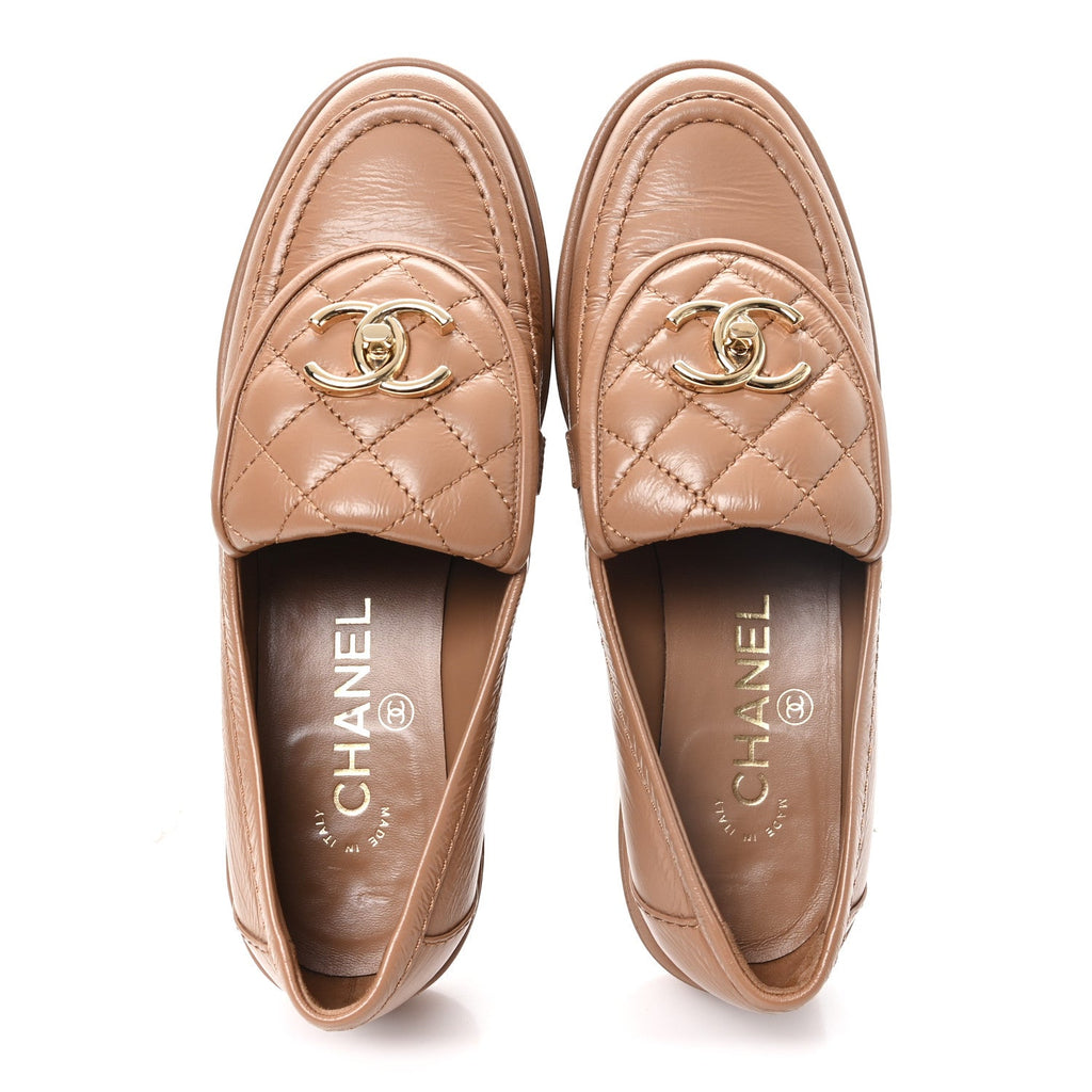 Crumpled Lambskin Quilted CC Turnlock Moccasins 35.5 Dark Beige