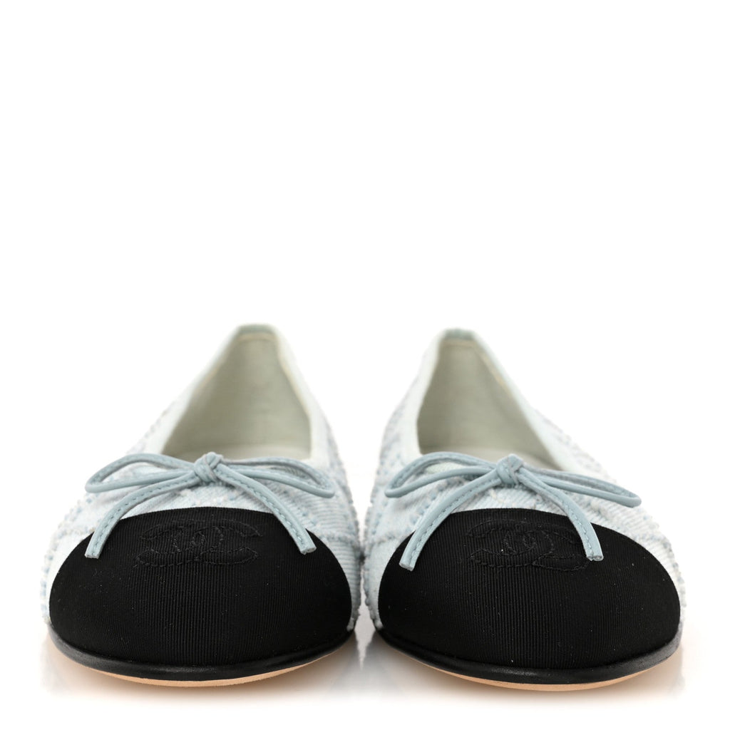 Denim Embroidered Grosgrain CC Cap Toe Ballerina Flats 37.5 Light Blue Black