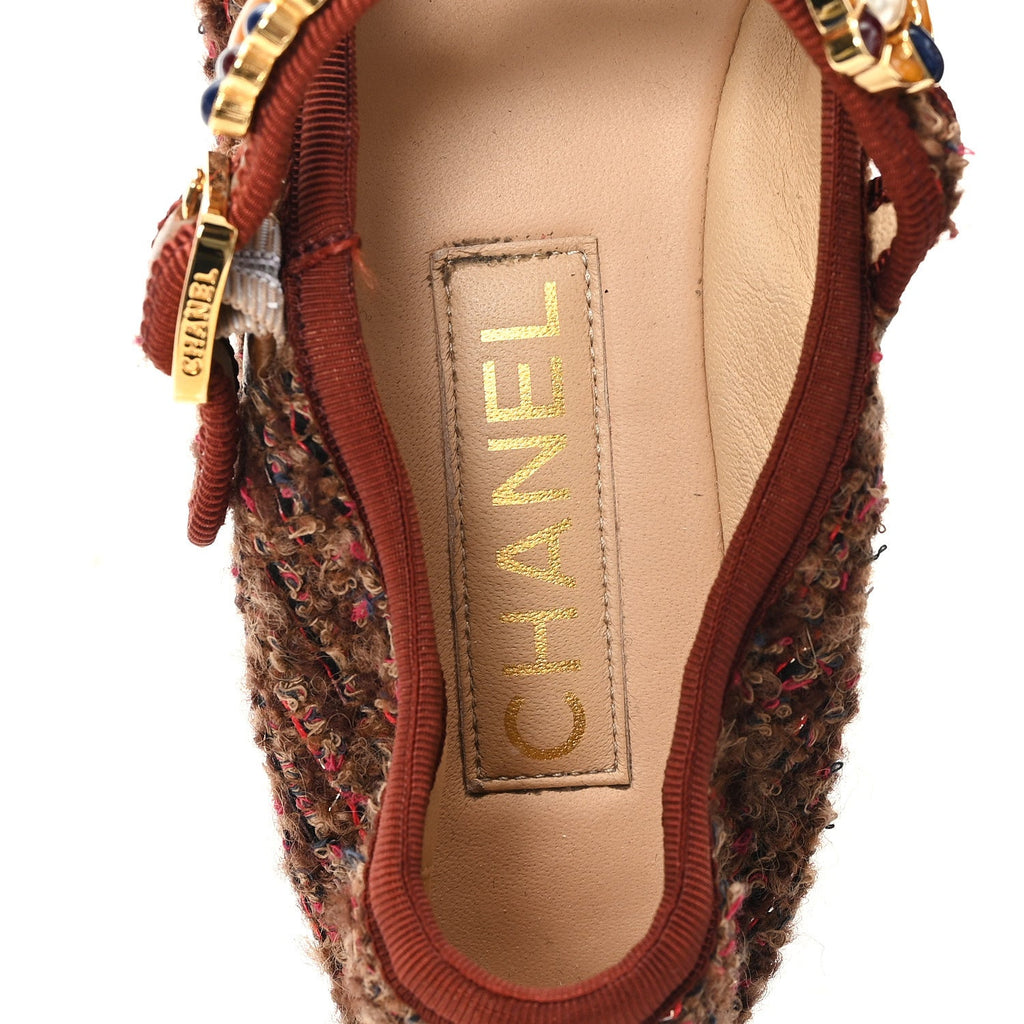 Wool Tweed Mary Jane Flats 37.5 Brown Red Dark Blue