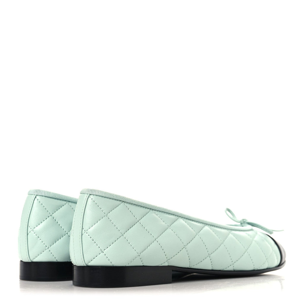 Lambskin Quilted CC Cap Toe Ballerina Flats 37 Light Blue Black