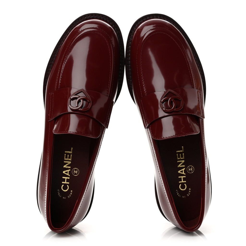Shiny Calfskin Quilted CC Mocassin Loafers 39.5  Dark Red