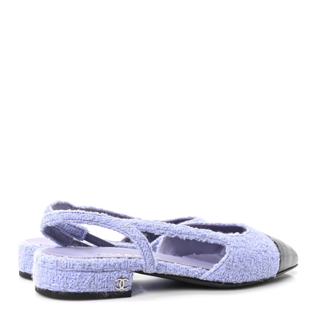 Iridescent Wool Tweed Patent Cap Toe CC Slingback Flats 36 Light Purple Silver Black