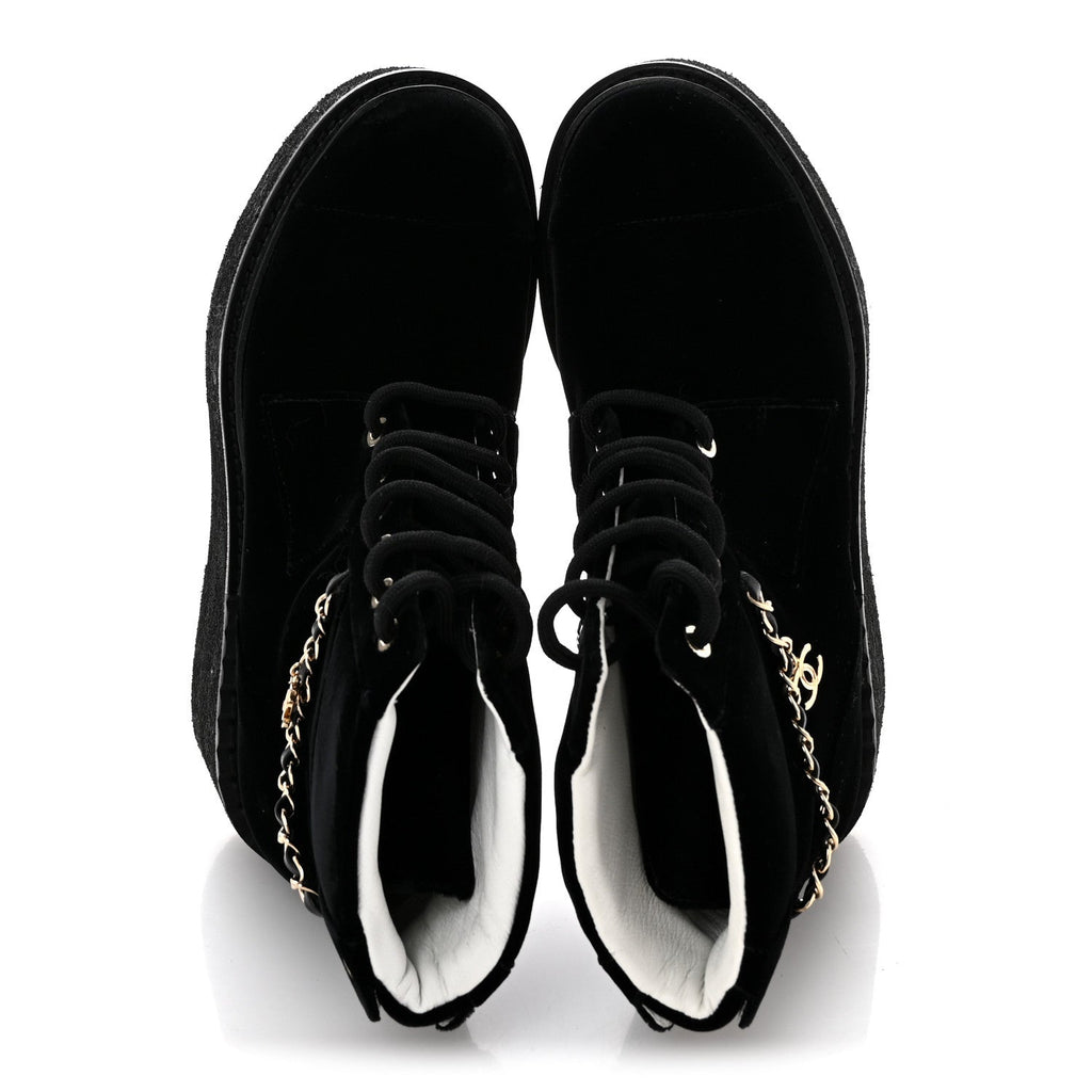 Velvet Chain Lace Up CC Short Boots 35.5 Black