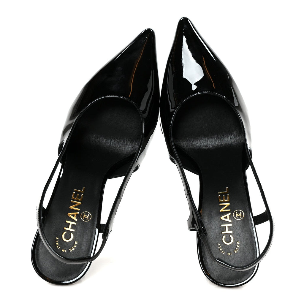 Patent Calfskin Slingback CC Cutout Pumps 38 Black