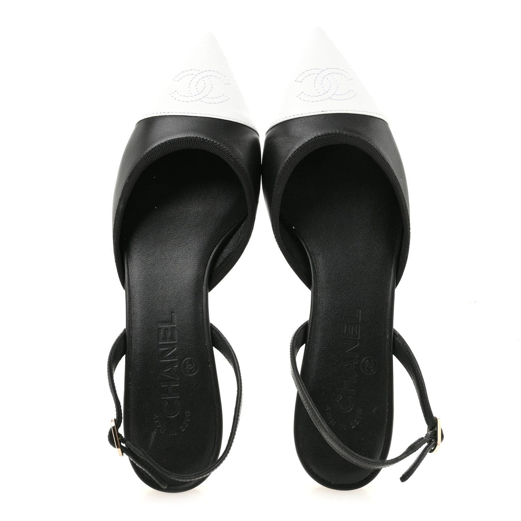 Iridescent Lambskin Cap Toe CC Slingback Flats 37 Black White
