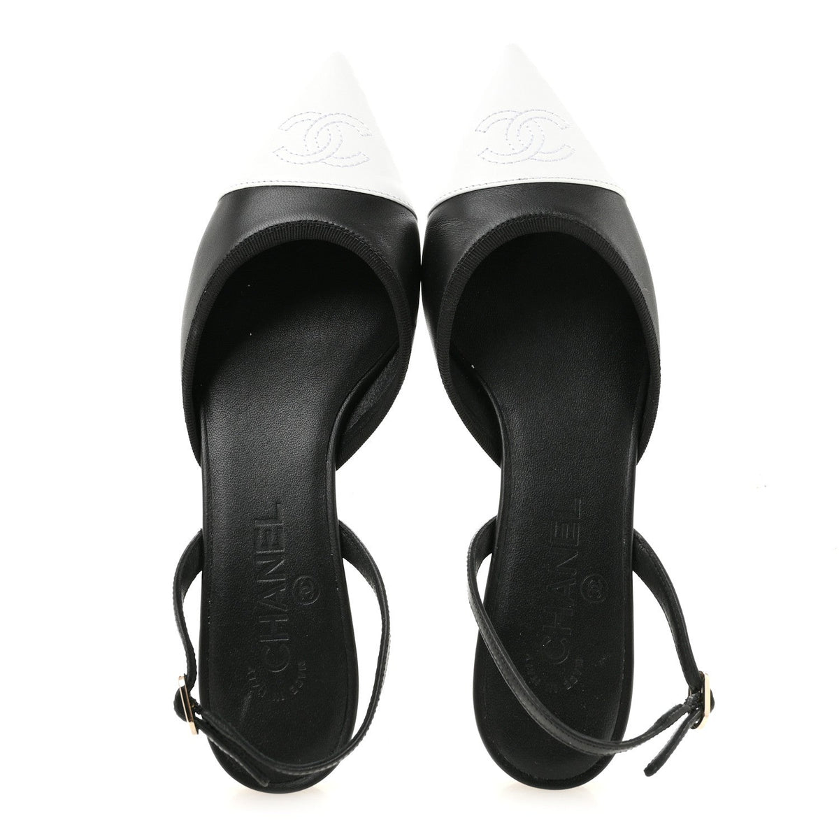 Iridescent Lambskin Cap Toe CC Slingback Flats 37 Black White