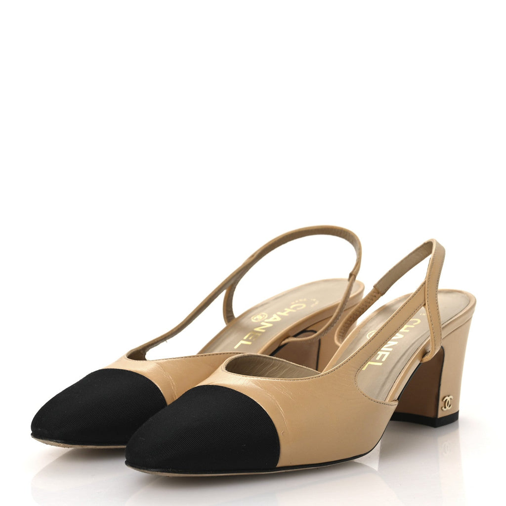 Goatskin Grosgrain Cap Toe CC Slingback Pumps 38.5 Beige Black