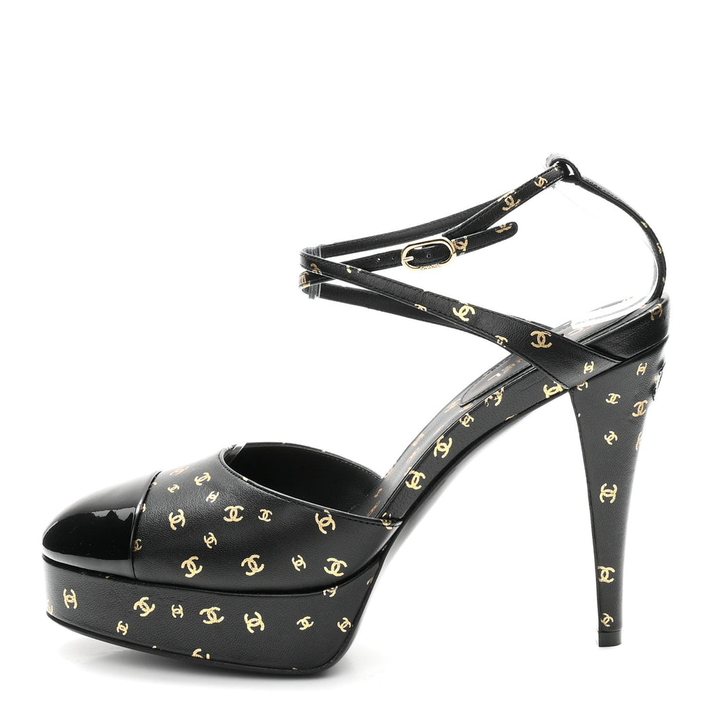 Printed Lambskin Patent Calfskin CC Platform Pumps 39.5 Black Gold
