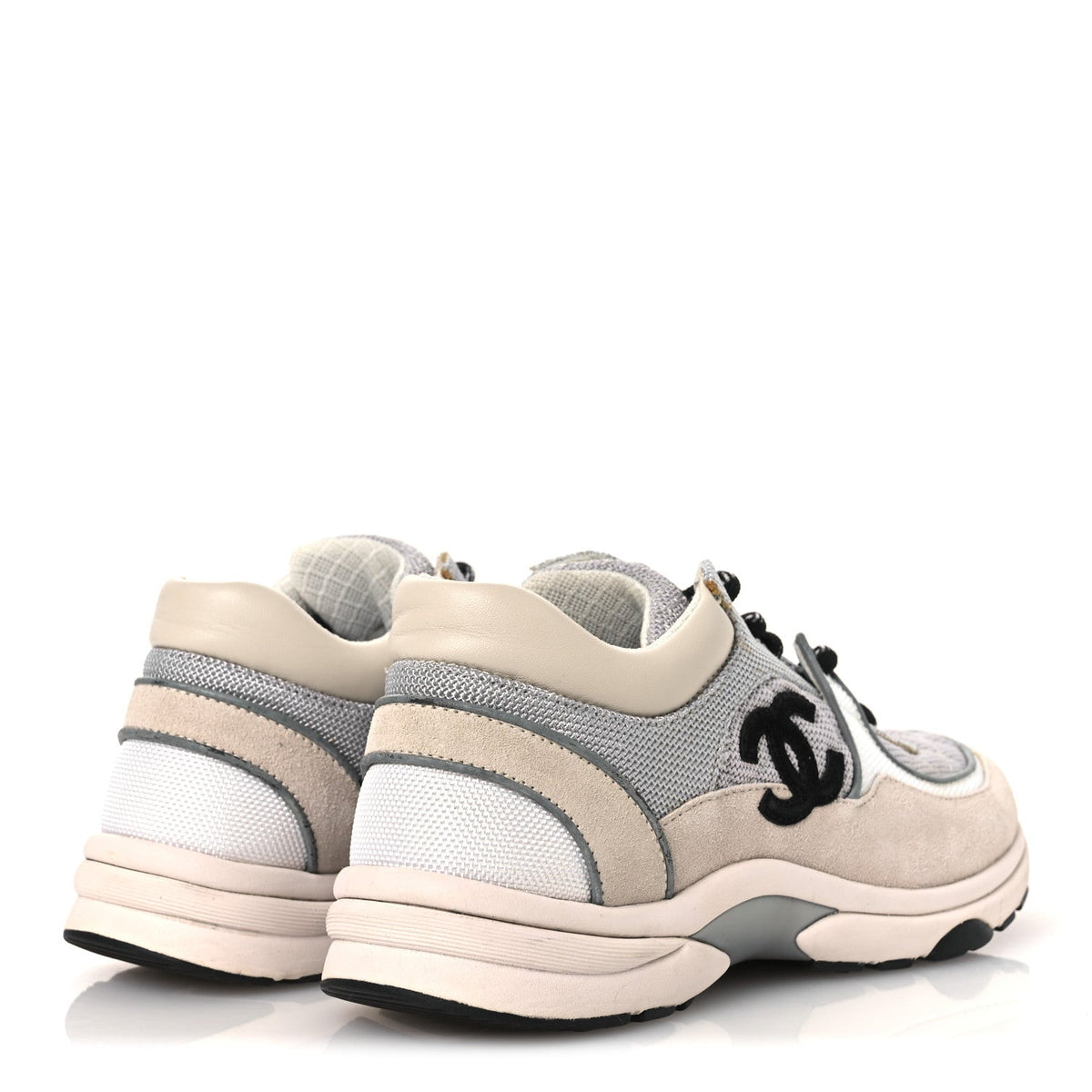 Mesh Suede Calfskin Grained Calfskin Womens CC Sneakers 37 Grey White