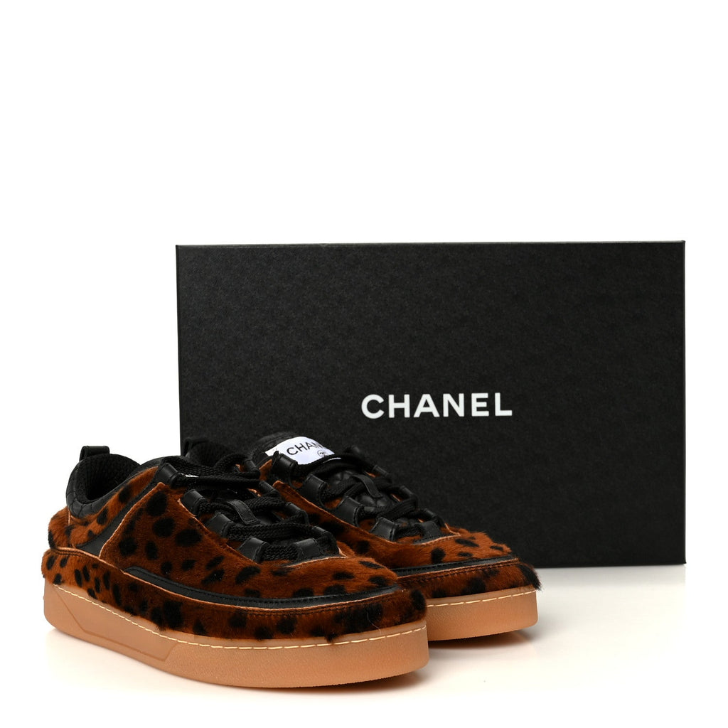 Lambskin Cheetah Print Quilted Sneakers 38 Brown Black 37 Brown Black