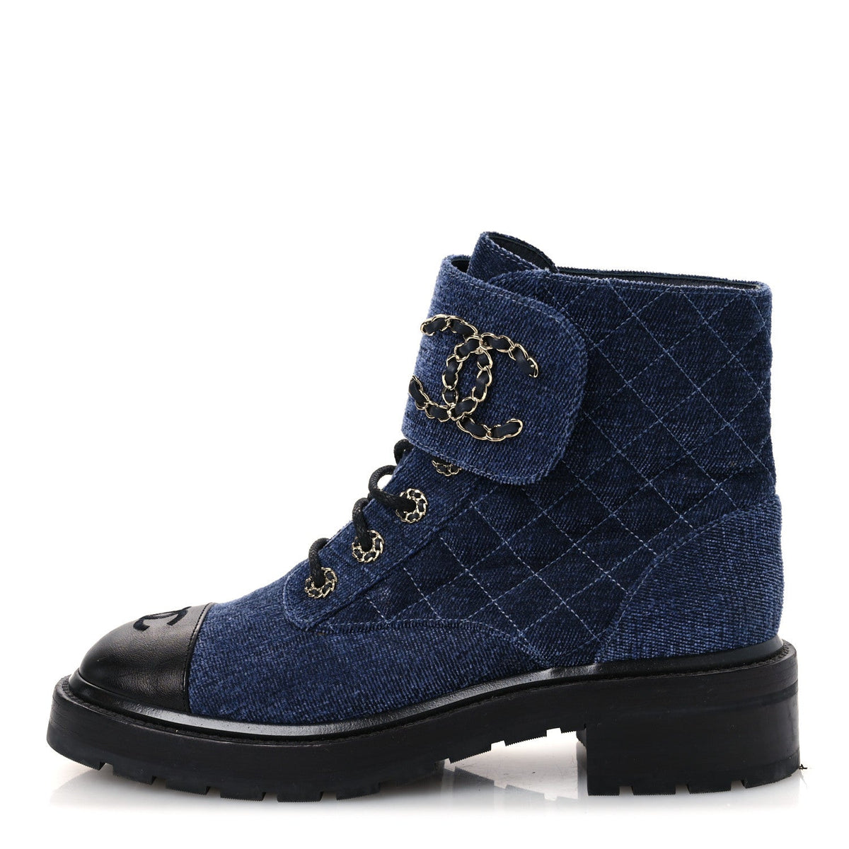 Shiny Calfskin Velvet Quilted Lace Up Combat Boots 39.5 Blue Black