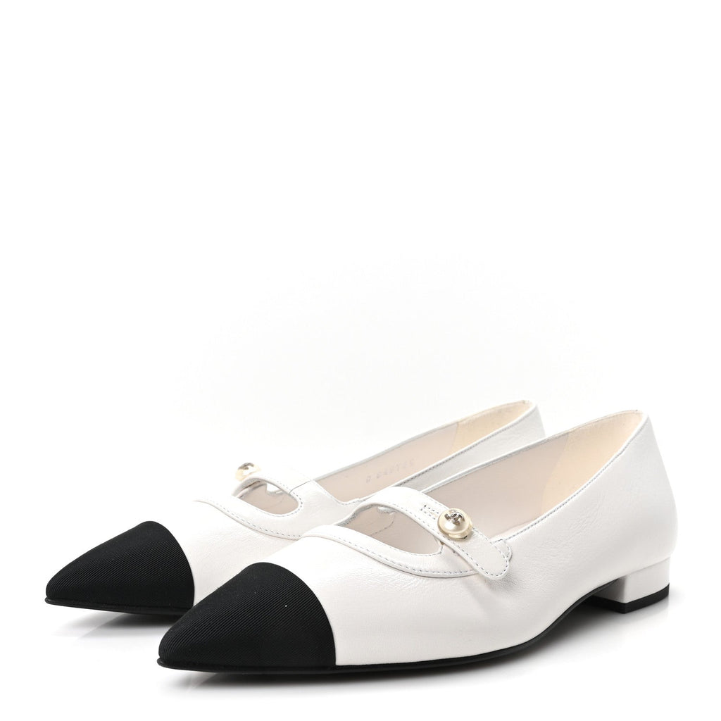 Shiny Lambskin Grosgrain Pearl Mary Janes Flats 36 White Black