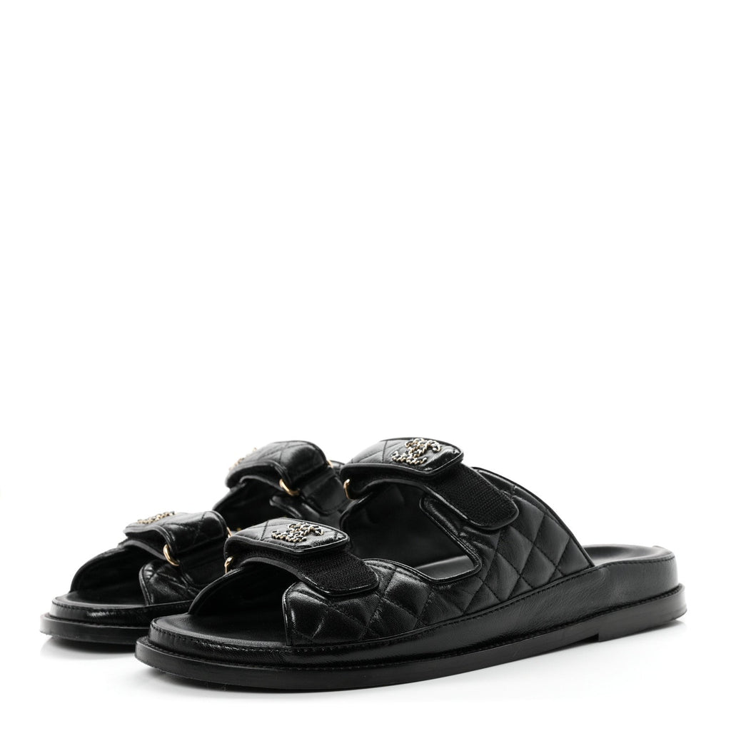 Lambskin Quilted Velcro Dad Chain CC Slide Sandals 39.5 Black