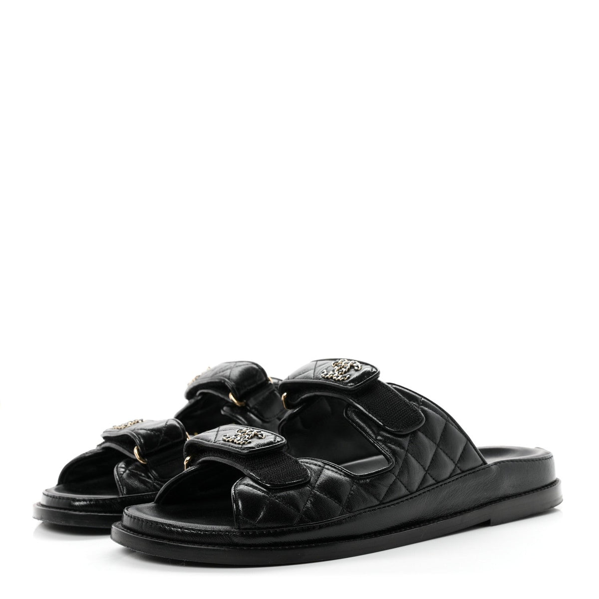 Lambskin Quilted Velcro Dad Chain CC Slide Sandals 39.5 Black