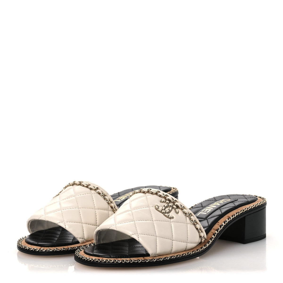 Lambskin Quilted Chain CC Sandals 39 White