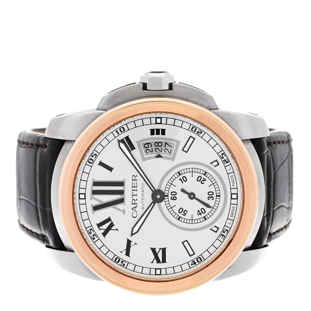 Stainless Steel 18K Pink Gold Alligator 42mm Calibre de Cartier Automatic Watch Brown