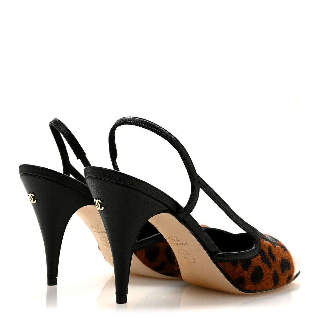 Lambskin Mixed Fibers Cap Toe CC Slingback Flats 36.5 Brown Black White
