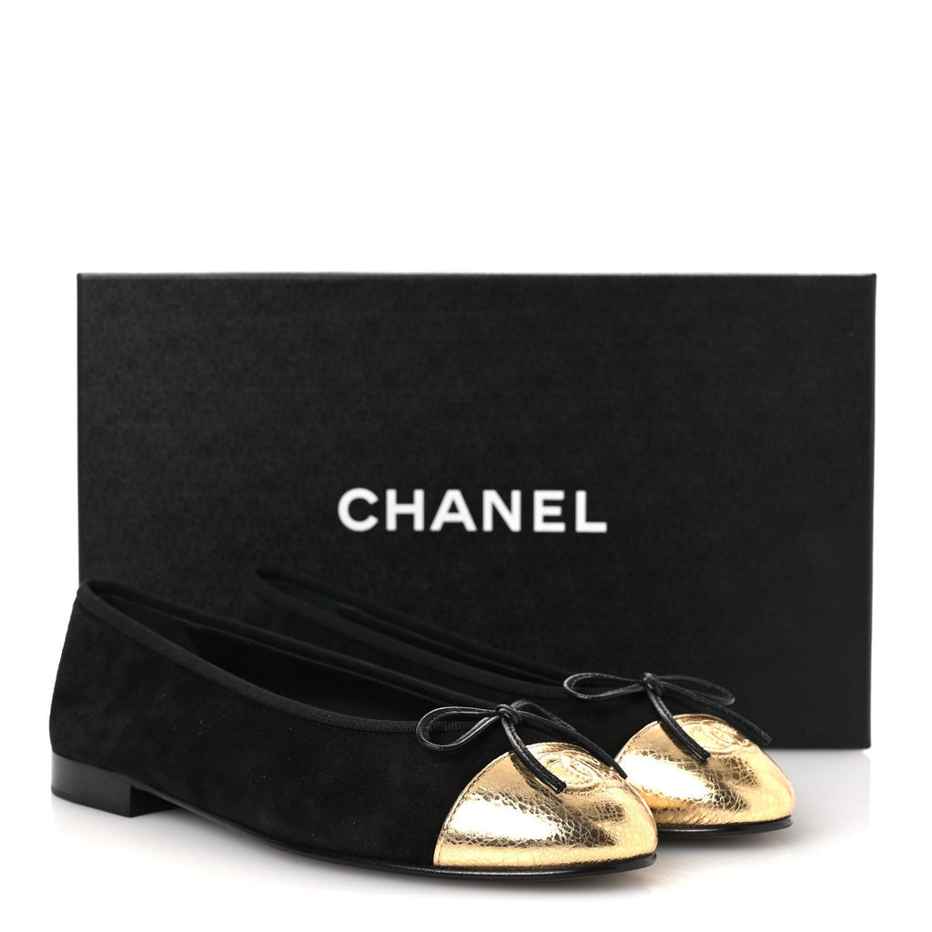 Suede Crackled Laminated Calfskin Cap Toe Ballerina Flats 36.5 Black Gold