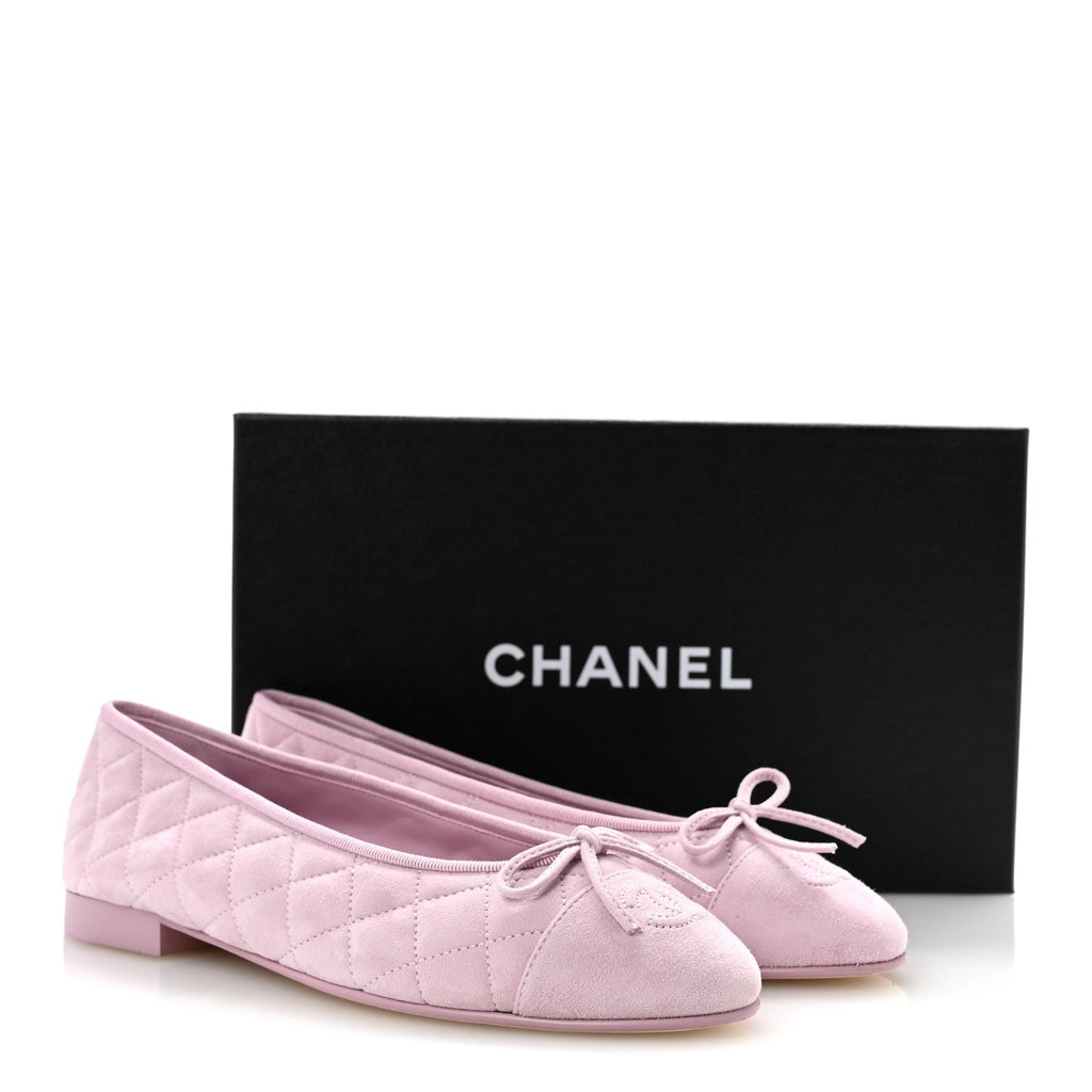 Suede Kidskin Quilted Cap Toe CC Ballerina Flats 38.5 Light Pink