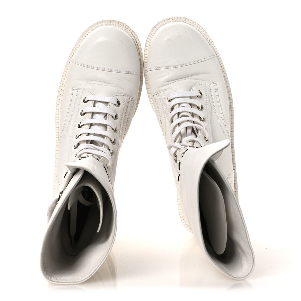 Calfskin Lace Up Logo Mid Calf Combat Boots 38.5 White Black