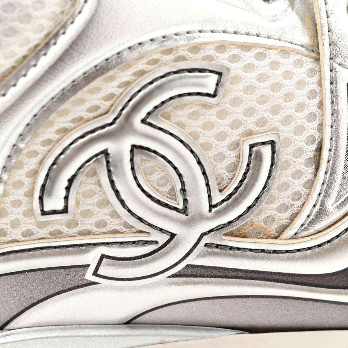 Fabric Laminated Calfskin Stretch CC Womens Sneakers 39.5 White Silver
