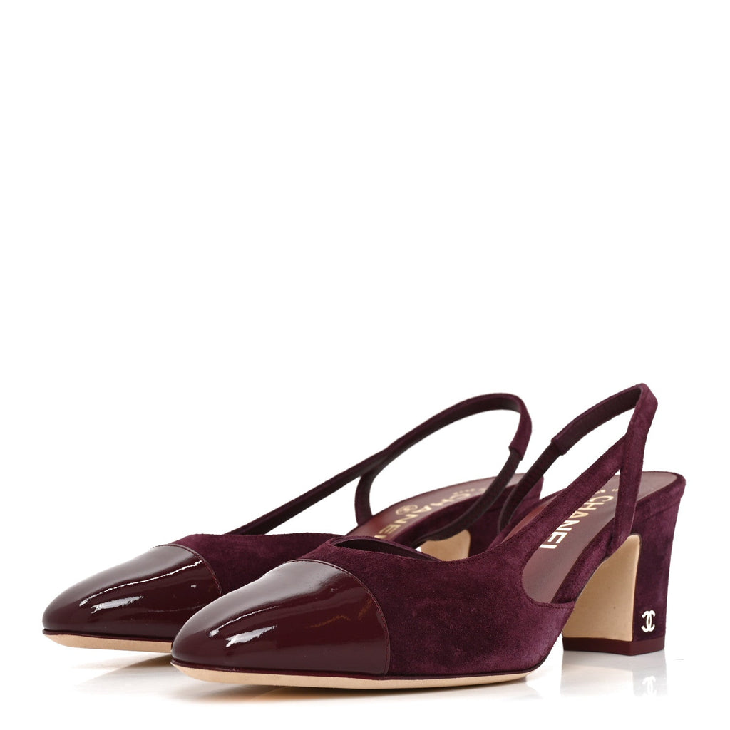 Suede Patent Cap Toe CC Slingback Pumps 37 Burgundy