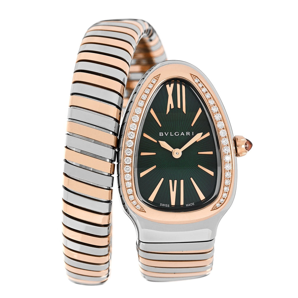 Stainless Steel 18K Rose Gold Diamond Bezel 35mm Serpenti Tubogas Quartz Watch Green