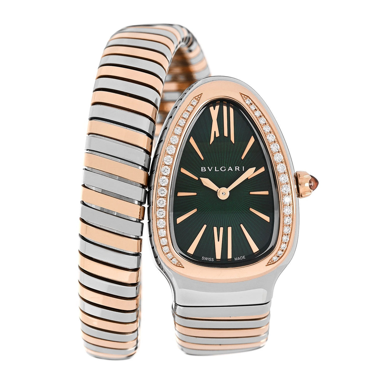 Stainless Steel 18K Rose Gold Diamond Bezel 35mm Serpenti Tubogas Quartz Watch Green