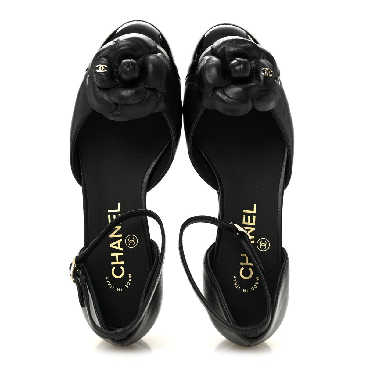 Lambskin Patent Calfskin Cap Toe Camellia Mary Jane Flats 36 Black