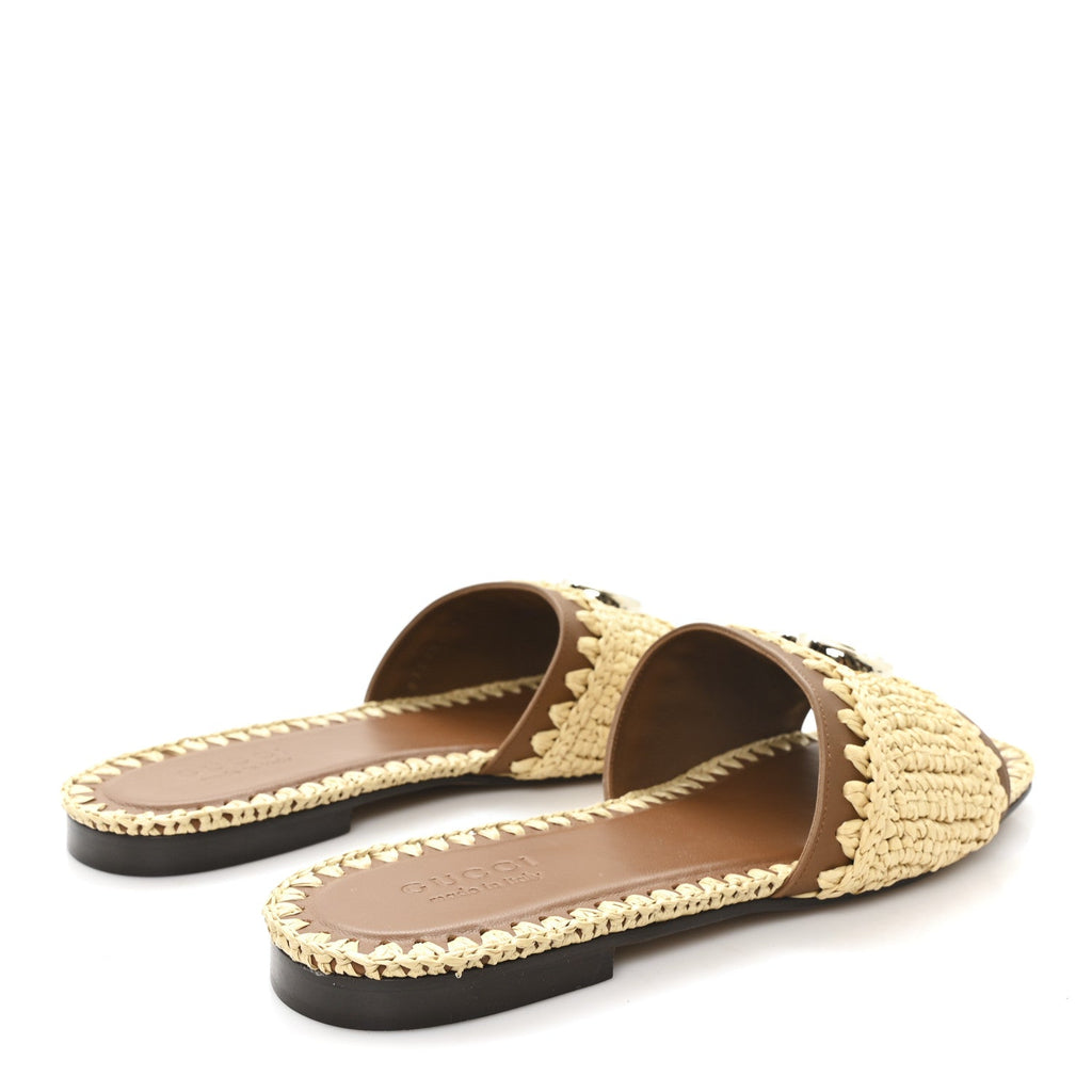 Raffia Interlocking G Flat Slide Sandals 37.5 Bright Natural Sundial