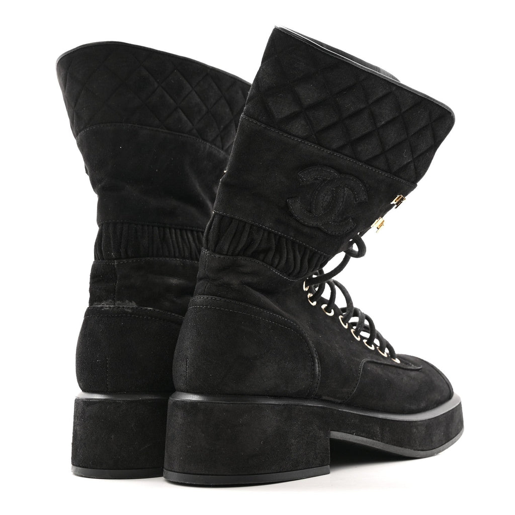 Suede Quilted Lace Up Combat Boots 38.5 Black