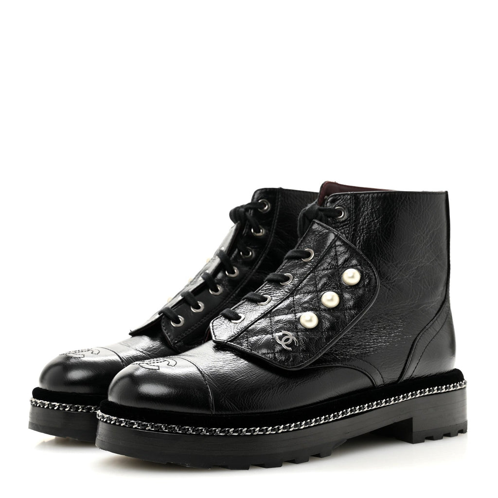 Crackled Calfskin Velvet Pearl Combat Short Boots 38.5 Black