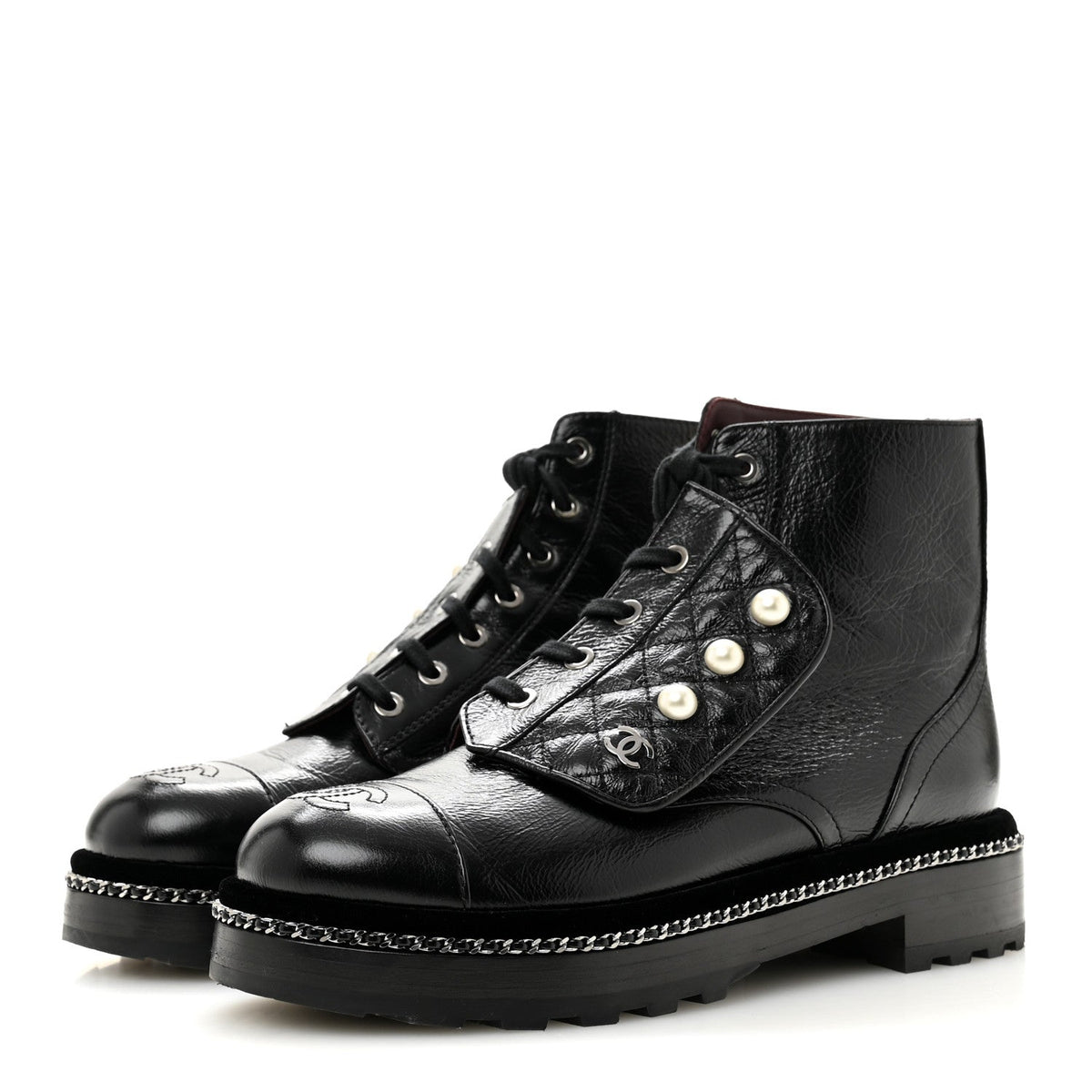 Crackled Calfskin Velvet Pearl Combat Short Boots 38.5 Black