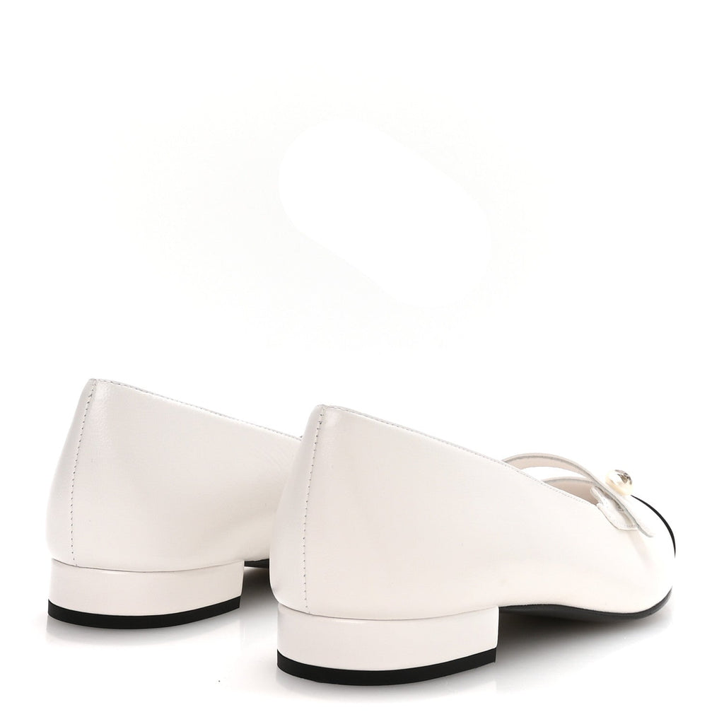 Shiny Lambskin Grosgrain Pearl Mary Janes Flats 38 White Black