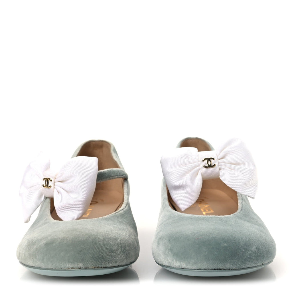 Velvet Grosgrain Bow Mary Jane Flats 37.5 Light Green White