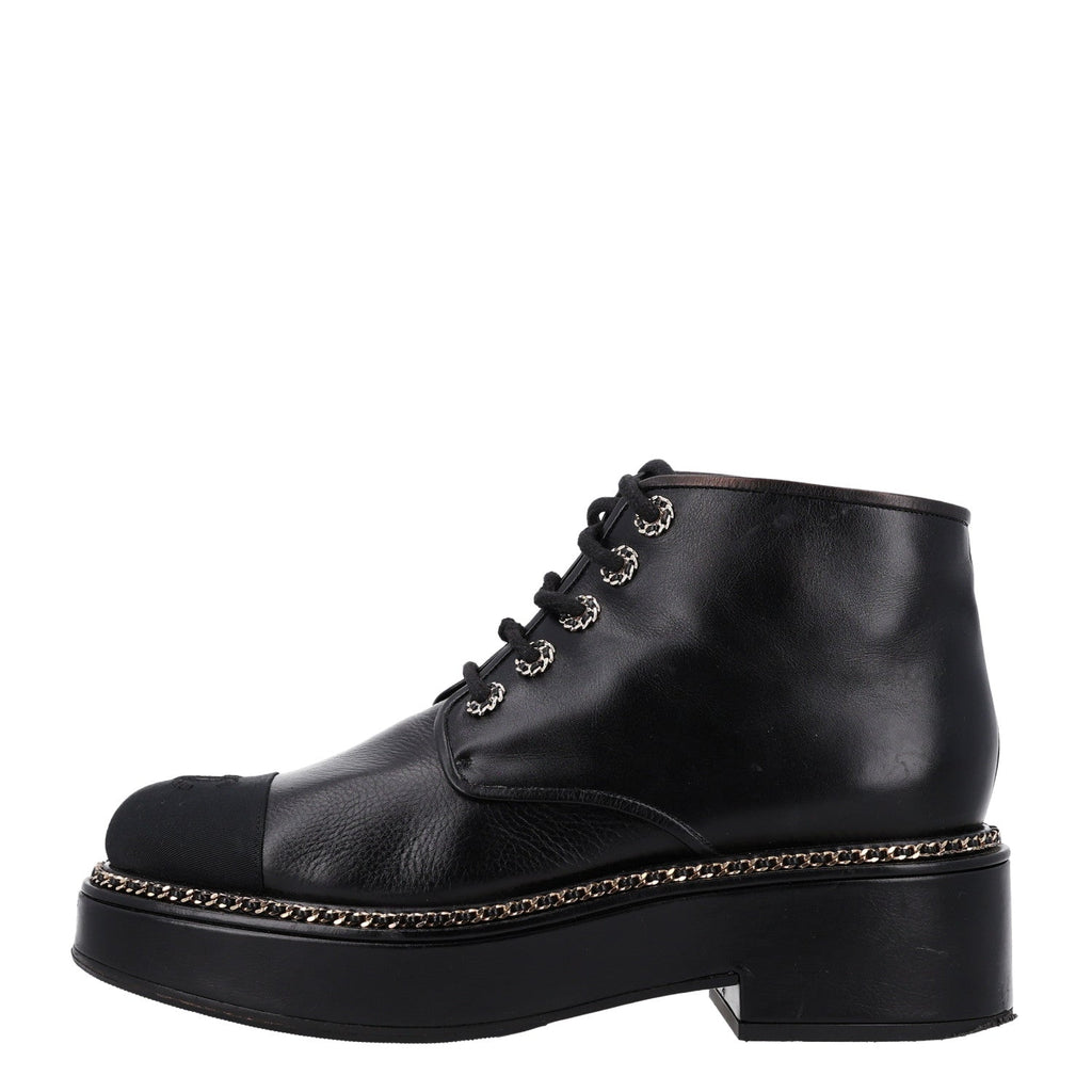 Calfskin Grosgrain Chain Lace Up CC Short Boots 41 Black