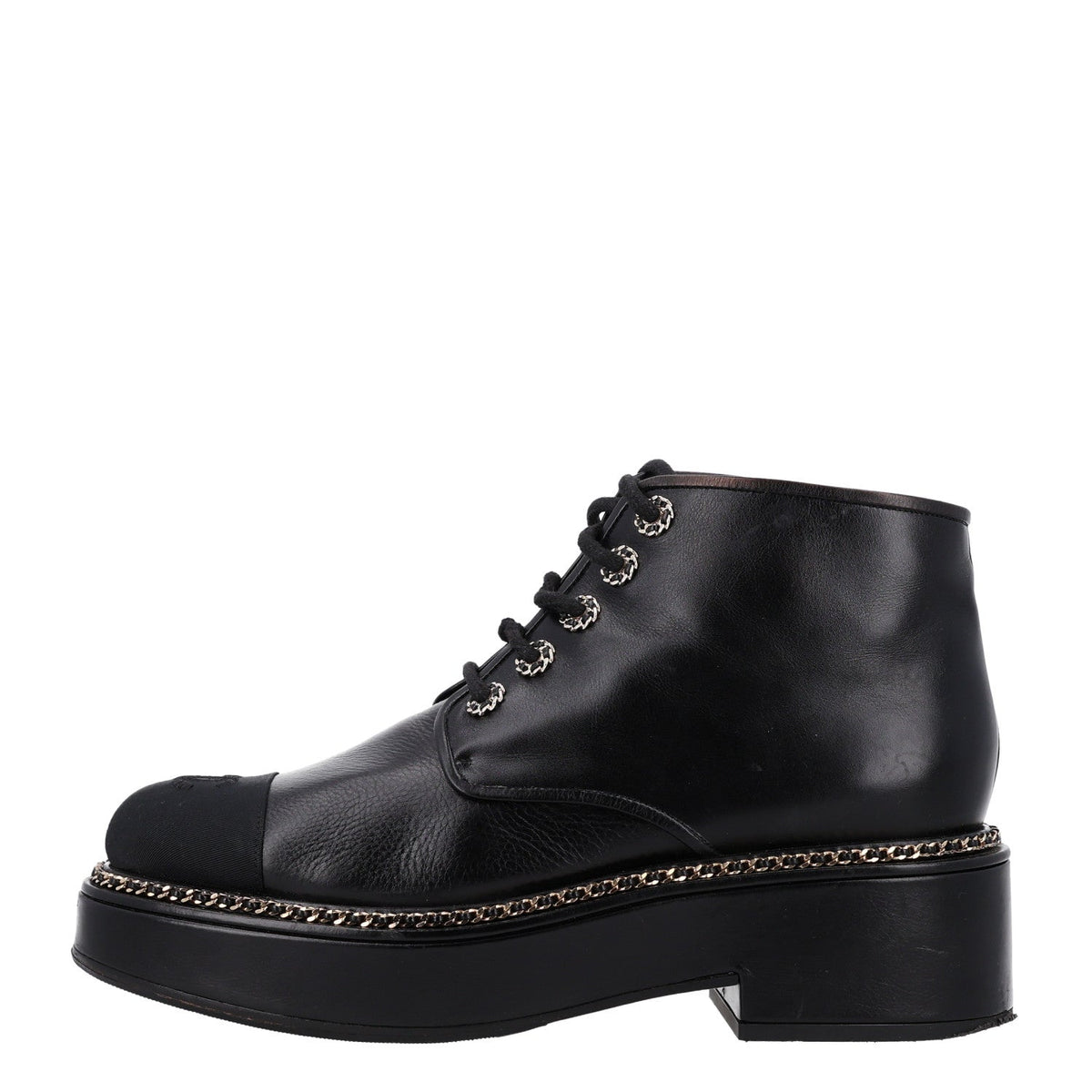 Calfskin Grosgrain Chain Lace Up CC Short Boots 41 Black
